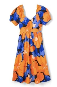 NWT Tabitha Brown for Target SIZE 14 Orange/Blue Puff Sleeve Tie Back Midi Dress - Picture 1 of 3