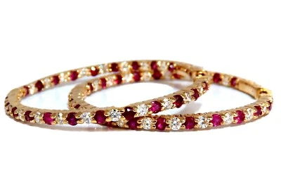 4.80ct natural Ruby diamonds hoop earrings 14kt yellow gold inside out + - Image 1 of 4