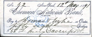Fanny Davenport (stage-actress d. 1898) signed check dated May 12, 1891 - Picture 1 of 2