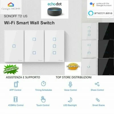 INTERRUTTORE luce WIFI TOUCH Sonoff T1 T2 T3 Domotica Alexa Google Cassetta 503