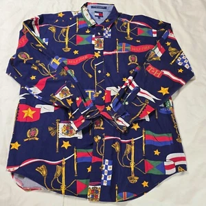 Vintage 90s Tommy Hilfiger Flags Shirt Mens Long Sleeve Button Up Large - Picture 1 of 9