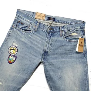⭐ Polo Ralph Lauren Varick slim Straight patchwork denim Patch Jeans W34 L32 - Picture 1 of 11