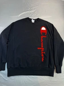 Champion Reverse Weave Sweatshirt Big Velour Script Crewneck Large Black NICE - Bild 1 von 9