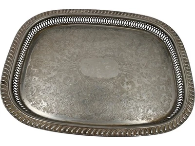 Vintage Silver Plated Engraved Serving Tray with Pierced Border T2710 LTB - Image 1 of 4
