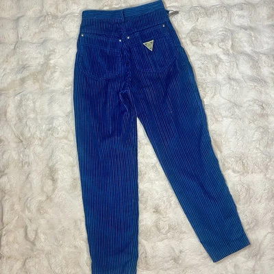 JouJou 复古 80 年代高腰打褶前细条纹灯芯绒挂牌牛仔裤尺寸 3/4 — 第 1/4 张图片