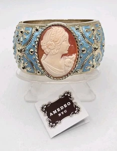 Amedeo NYC Genuine Shell Cameo Bracelet with Blue Enamel & 14K Gold - Picture 1 of 12