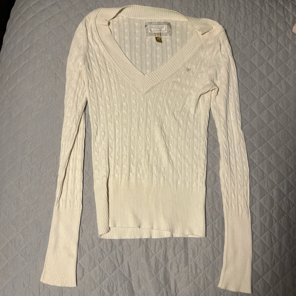 Suéter de Colección Años 2000 Y2k American Eagle Tejido Crema Manga Larga Cuello en V Para Mujer M Foto 1 de 4