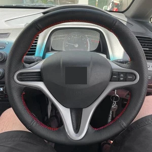 DIY B+Red Steering Wheel Leather Cover Trim For Honda Civic 8th MK8 2005-2011 - Picture 1 of 8