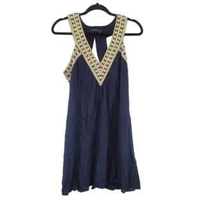 THML dunkelblau ärmelloses Swing Kleid Gr. L bestickt V-Ausschnitt Cutout Rücken Viskose - Bild 1 von 9