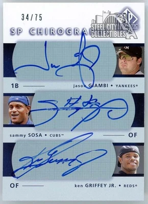 Giambi Sosa Griffey Jr 2003 SP Authentic Chirography Autograph Card #GSJ 34/75 - Image 1 of 2