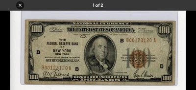 1929 $100 FEDERAL RESERVE BANK OF NEW YORK, NY BROWN SEAL VF - Image 1 of 2