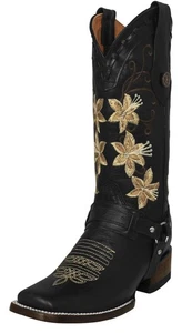 Womens Western Rodeo Boots Black Square Toe Cowgirl Leather Floral Boot Straps - Picture 1 of 5