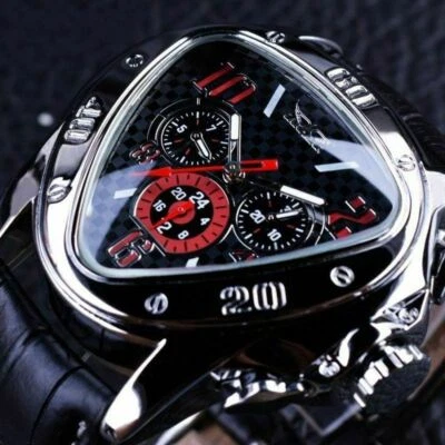 Leather Strap Triangle Dial Mechanical Wrist Watch Luxury Skeleton Men Classic - Image 1 of 4