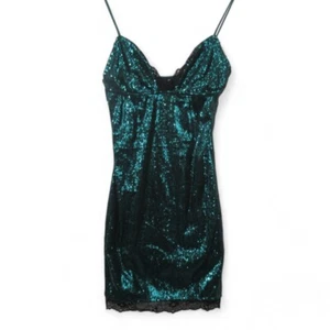 Motel Mini Dress XS / UK 6 Emerald Green Sequin Lace Deep Teal Party - Preloved - Picture 1 of 24