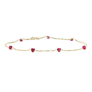 14K Yellow Gold Ruby Red Heart Cubic Zirconia By The Yard Anklet 10 Inches