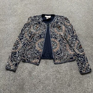 VINTAGE Adrianna Papell Jacket Small Petite Beaded Paisley Silk Evening 90s - Picture 1 of 13