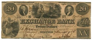 1856 Exchange Bank of Virginia, Norfolk, VA $20 Obsolete Note No.27552 (62206) - Picture 1 of 2