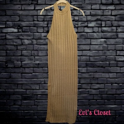 Vestido Forever 21 Nuevo con Etiquetas Acanalado Bodycon Midi Espalda Abierta Simulado Cuello Tortuga Beige M Foto 1 de 4