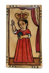 Charles M. Carrillo 1997 Hand Painted Wood Retablo Christ Child w/ Orb Globe - Picture 1 of 8
