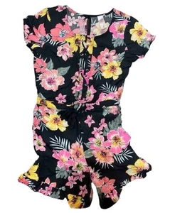 Justice Girls Romper 8 Black Colorful Flowers Front Lace Up Keyhole Back - Picture 1 of 11