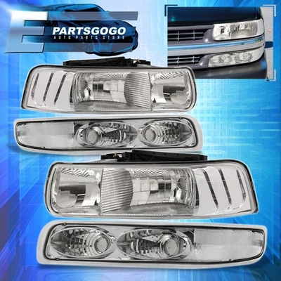 For 99-02 Chevy Silverado 00-06 Tahoe Suburban Chrome Headlights + Bumper Lamps - Image 1 of 4