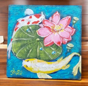 Koi Carps quadro originale feng shui loto regalo piccola arte fatto a mano arte da parete - Foto 1 di 9