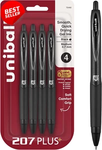 Plumas de gel retráctiles Uniball 207 Plus+, punto medio, 0,7 mm, tinta negra, paquete de 4 ( - Imagen 1 de 12