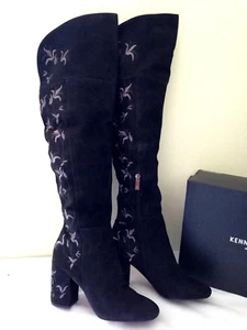 NUEVAS Botas Altas Kenneth Cole New York Negras Gamuza Cuero Clara Bordadas 7 38 - Imagen 1 de 11