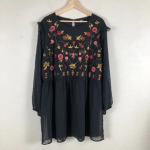 Boohoo Dress Women 16 Black Sheer Embroiderd Ruffled Bohemian Hippie Casual New - Picture 1 of 21