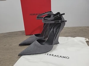 Salvatore Ferragamo Womens VIDYA Grey Fabric 10 C Heel Shoes New In Box - Picture 1 of 8