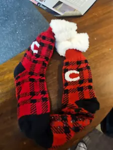 NEW Buffalo Plaid Slipper Non Slip Socks Sherpa, "C" Initial One Size Fit All - Picture 1 of 4
