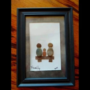 "Family" of 3 on Bench Pebble Art by Mimi 5" x 7" Framed Wall Home Decor Gift - Picture 1 of 1