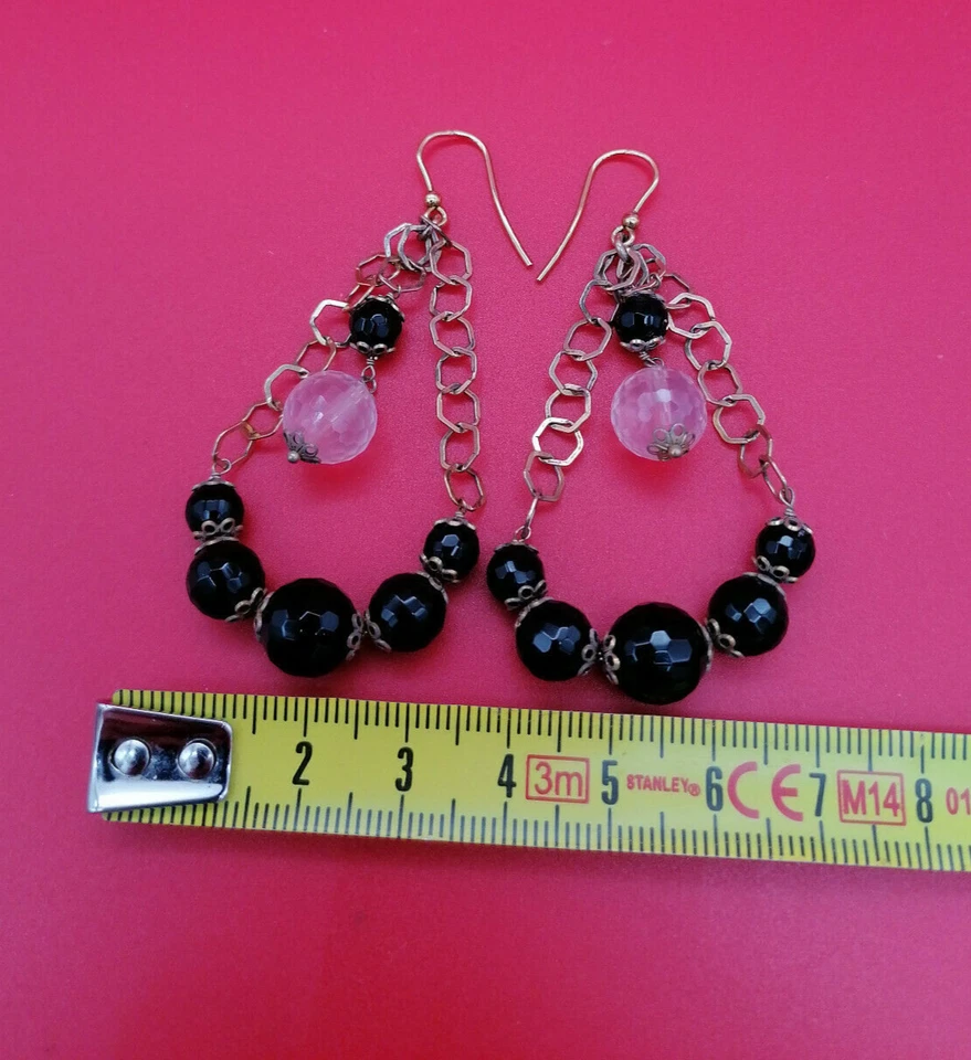 Pendientes de Mujer Plata Chapada en Oro Ónix Negro Cuarzo Rosa Colgantes - Imagen 1 de 4