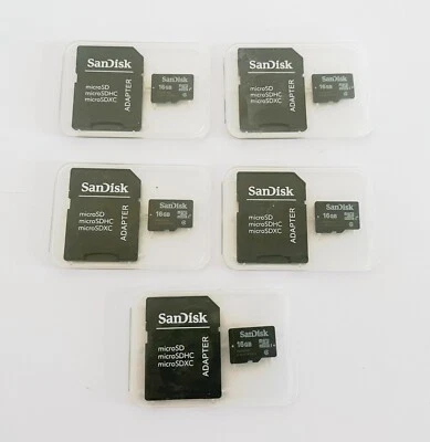  Lot of 5 SanDisk 16 GB MicroSD HC 1 Micro SDHC1 Flash Memory Card W/ Adapter C4 - Image 1 of 4