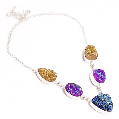 Natural Multi Titanium Druzy Gemstone 925 Silver Chain Necklace For Women - Image 1 of 3