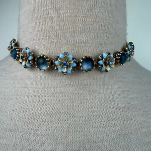 Vintage Blue Rhinestone Flower & Gold Tone Choker Necklace 16" - Picture 1 of 14