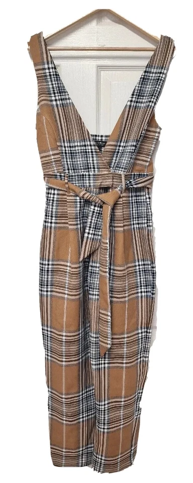 Mono Miss Selfridge a Cuadros Pierna Corta Recta Cuello en V Cinturón 6 8 Beige Negro Foto 1 de 4