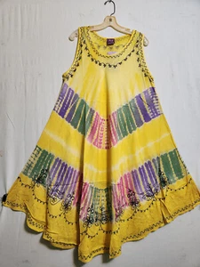 Women Clothing Tie Dye Sundress Summer Beach Sun Dress Yellow Green Free Size - Picture 1 of 4