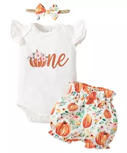 Baby Girl One Birthday Clothes Ruffle Sleeve Romper+Pumpkin Shorts+Headband 3... - Picture 1 of 7