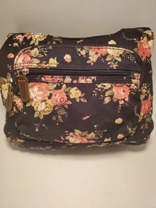 Bolso de mano negro floral de lona rosa con cremallera - Imagen 1 de 10