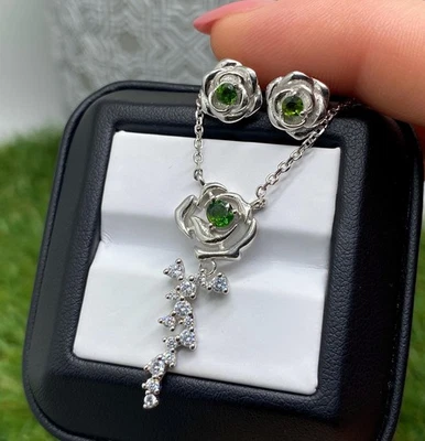 Chrome Diopside natural gemstone Earrings and Necklace Set, silver 925 18 Inches - Image 1 of 4