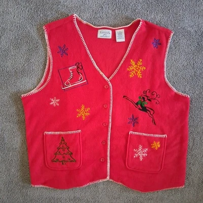 Christmas Basic Editions Womens Top 2X Plus Vest Fleece Red Button Embroidered - Image 1 of 4