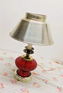 Cranberry Opalescent Hobnail Lamp 1990s Art Glass With Metal Silver Shade - Picture 1 of 7