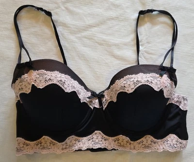 Jezebel Black Lace Longline Bra 38B Lightly Padded Underwire Pink Trim Lingerie - Image 1 of 4