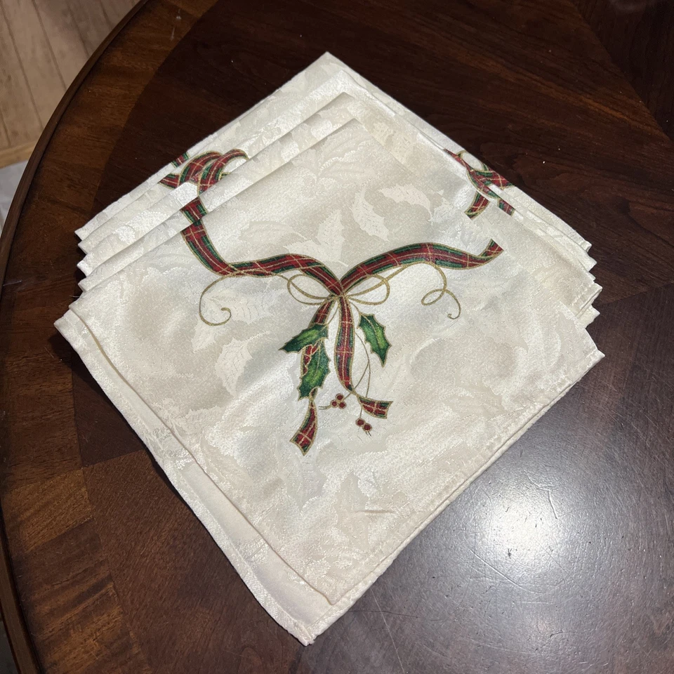 Juego de 4 servilletas de tela LENOX Holiday Nouveau Ribbon 19" cinta de acebo rojo marfil Foto 1 de 4