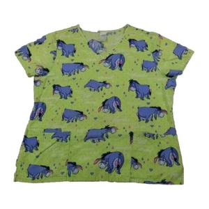 Disney Medical Dental Nurse Scrub Top Shirt Womens LARGE Green Eeyore No Flaws - Picture 1 of 6