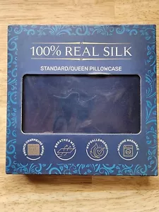 Federa Oeko-Tex seta 100% seta di gelso naturale 20"x30" blu navy nuova con scatola - Foto 1 di 4