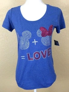 Disney Minnie Micky Mouse Womens Top Small Short Sleeve Blue T Shirt Beaded - Picture 1 of 4