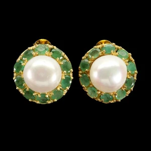 Valentine 925 Silver Earrings Oval Emerald 5x4mm Pearl Natural Gemstone Jewelry - Picture 1 of 13