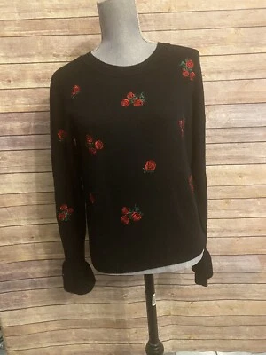 Sandro Paris Women's Knit Sweater Black Rose Floral Embroidered Crewneck Size M - Image 1 of 4